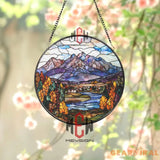 Mountain Landscape Stained Glass Suncatcher Autumn Forest Scene Window Art Nature Glass Panel Cabin View Decor Fall