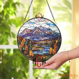 Mountain Landscape Stained Glass Suncatcher Autumn Forest Scene Window Art Nature Glass Panel Cabin View Decor Fall