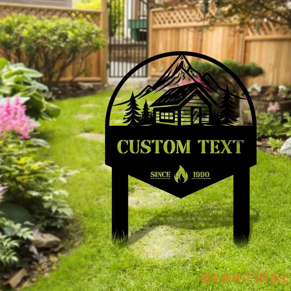 Moutain Cabin Metal Sign Metal Yard Stake Personalized Name Yard Sign Outdoor Door Garden Decor Garden Metal Sign
