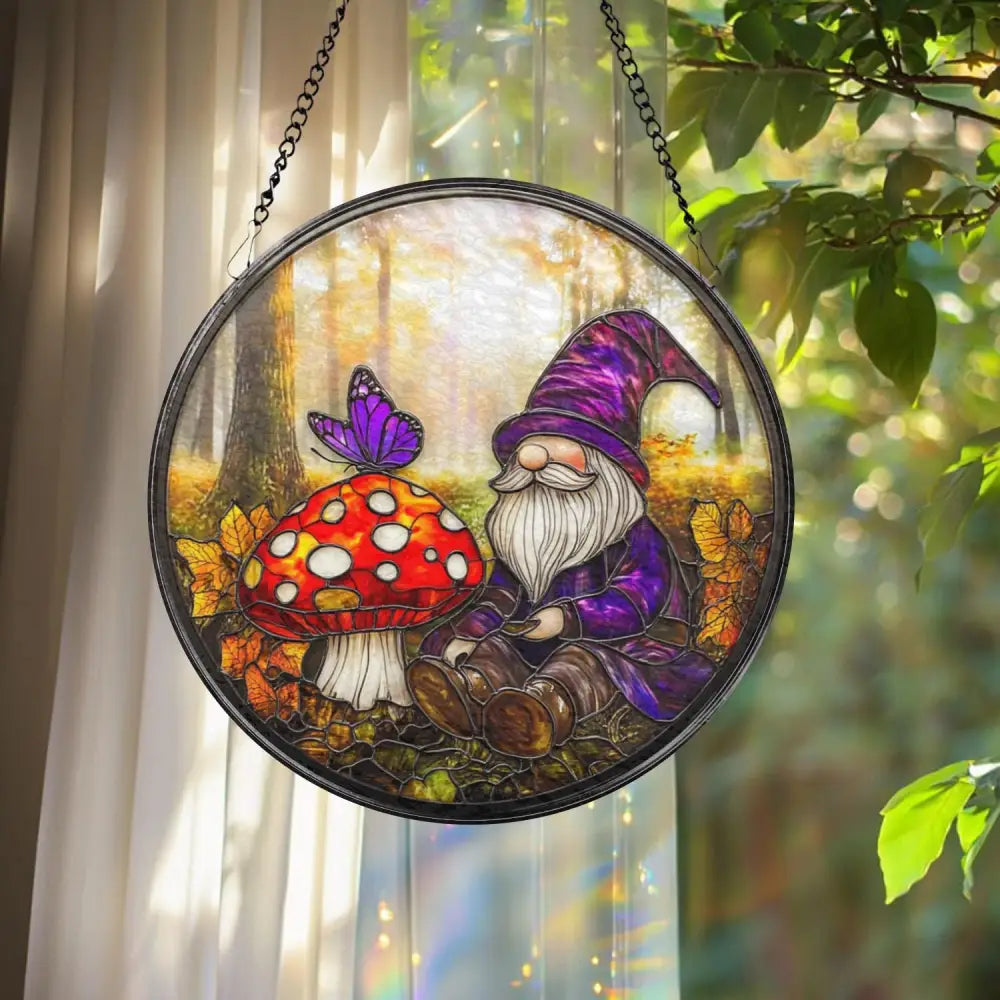 Mushroom Gnome Glass Suncatcher Whimsical Woodland Window Decor Garden Lover Gift Fairycore Fantasy Home Accent