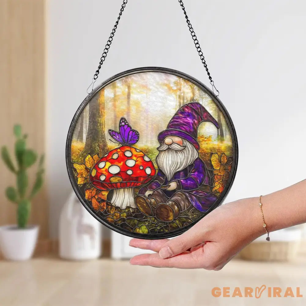Mushroom Gnome Glass Suncatcher Whimsical Woodland Window Decor Garden Lover Gift Fairycore Fantasy Home Accent