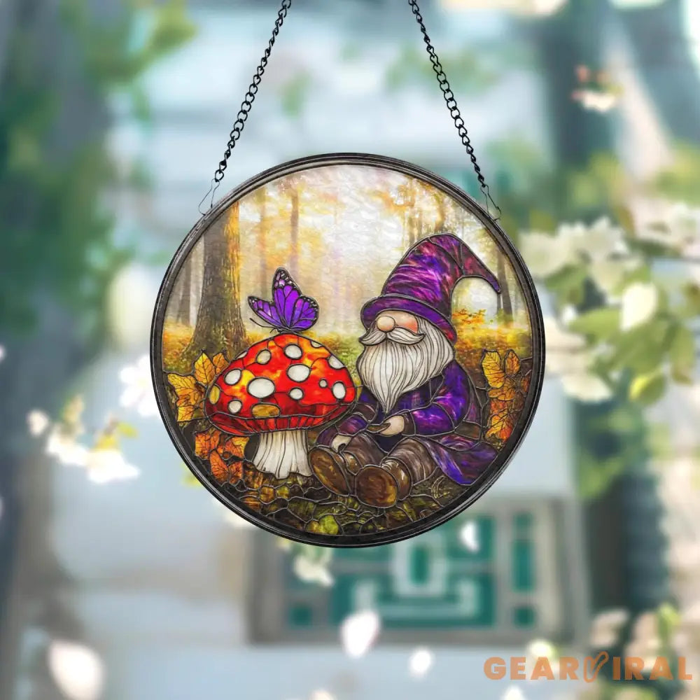 Mushroom Gnome Glass Suncatcher Whimsical Woodland Window Decor Garden Lover Gift Fairycore Fantasy Home Accent