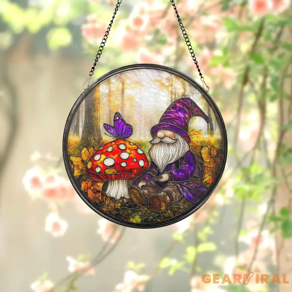 Mushroom Gnome Glass Suncatcher Whimsical Woodland Window Decor Garden Lover Gift Fairycore Fantasy Home Accent