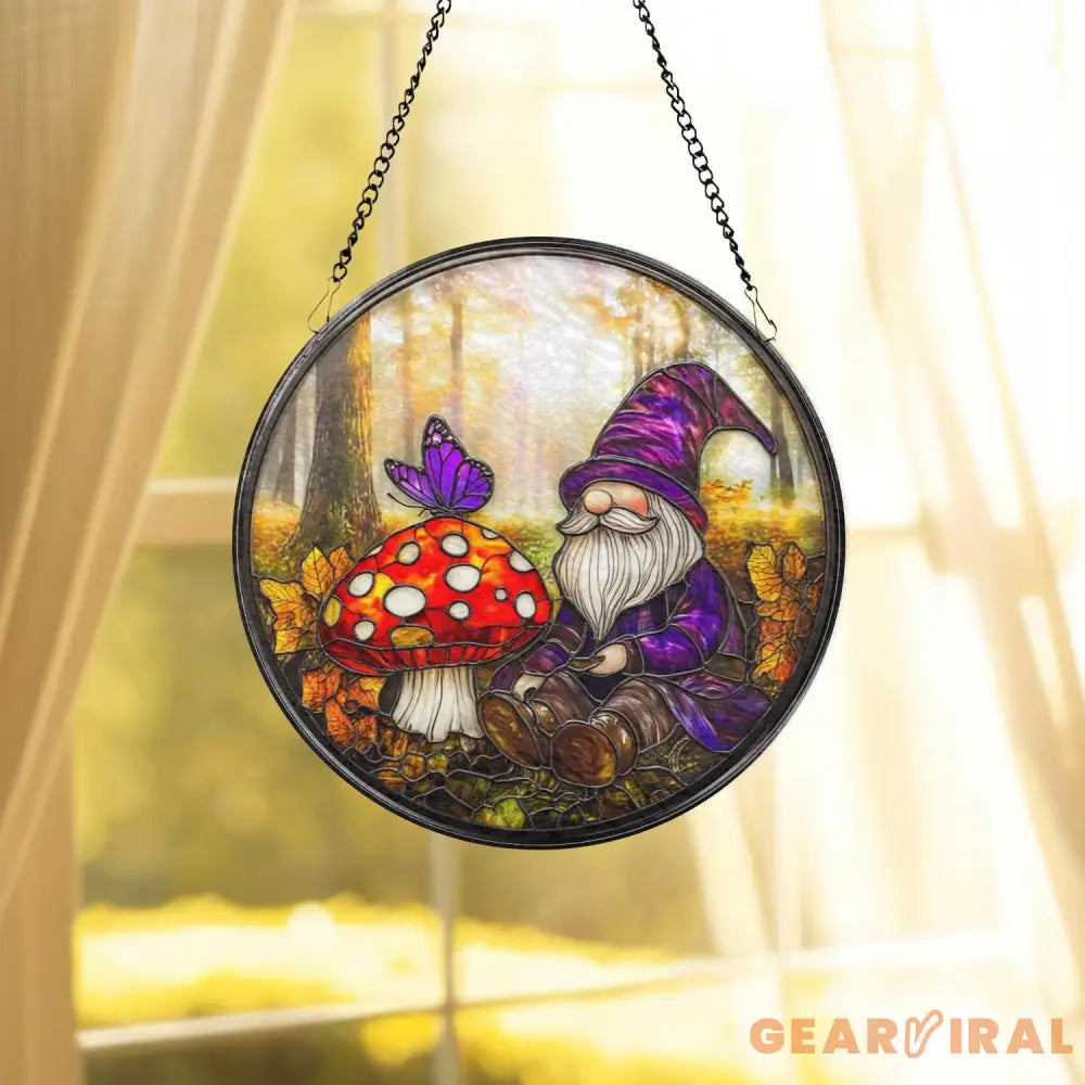 Mushroom Gnome Glass Suncatcher Whimsical Woodland Window Decor Garden Lover Gift Fairycore Fantasy Home Accent