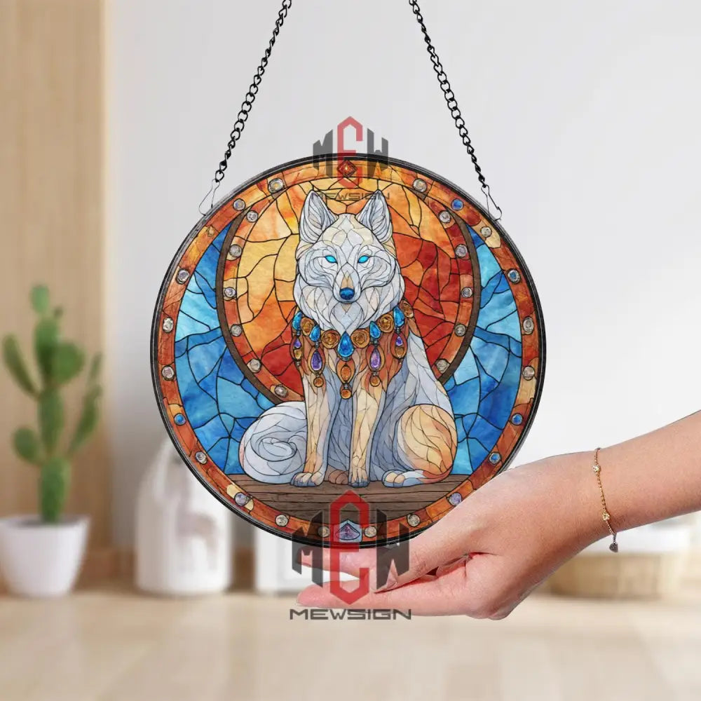 Mystical White Wolf Stained Glass Suncatcher Fantasy Animal Window Panel Gemstone Decor Gift for Wolf Lovers and Magic