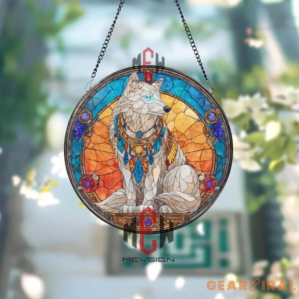 Mystical White Wolf Stained Glass Suncatcher Fantasy Animal Window Panel Gemstone Decor Gift for Wolf Lovers and Magic