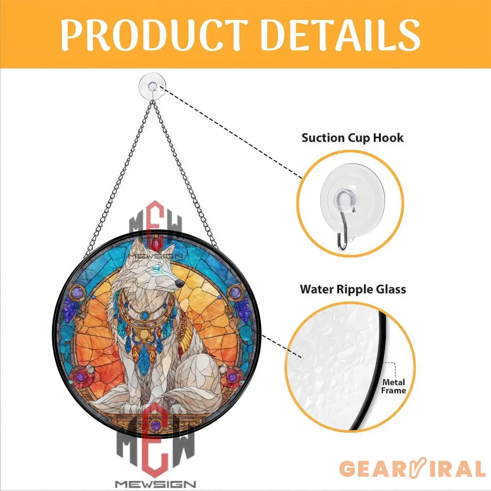 Mystical White Wolf Stained Glass Suncatcher Fantasy Animal Window Panel Gemstone Decor Gift for Wolf Lovers and Magic