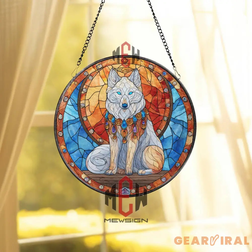 Mystical White Wolf Stained Glass Suncatcher Fantasy Animal Window Panel Gemstone Decor Gift for Wolf Lovers and Magic