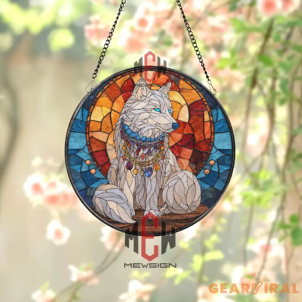 Mystical White Wolf Stained Glass Suncatcher Fantasy Animal Window Panel Gemstone Decor Gift for Wolf Lovers and Magic