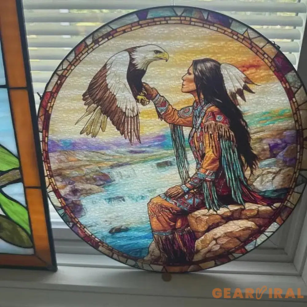 Native American Woman and Eagle Stained Glass Suncatcher Spirit Animal Window Art Cultural Nature Decor Gift for Home