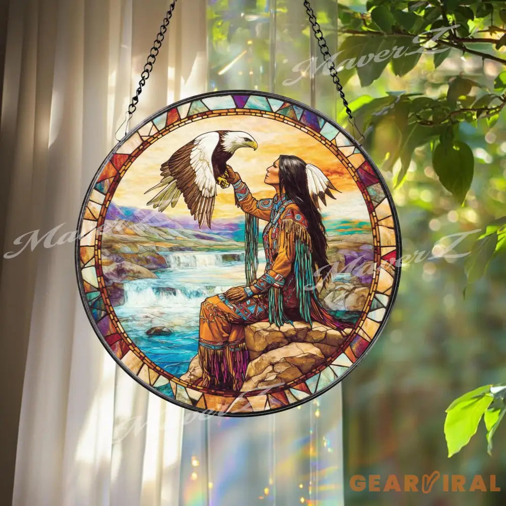 Native American Woman and Eagle Stained Glass Suncatcher Spirit Animal Window Art Cultural Nature Decor Gift for Home
