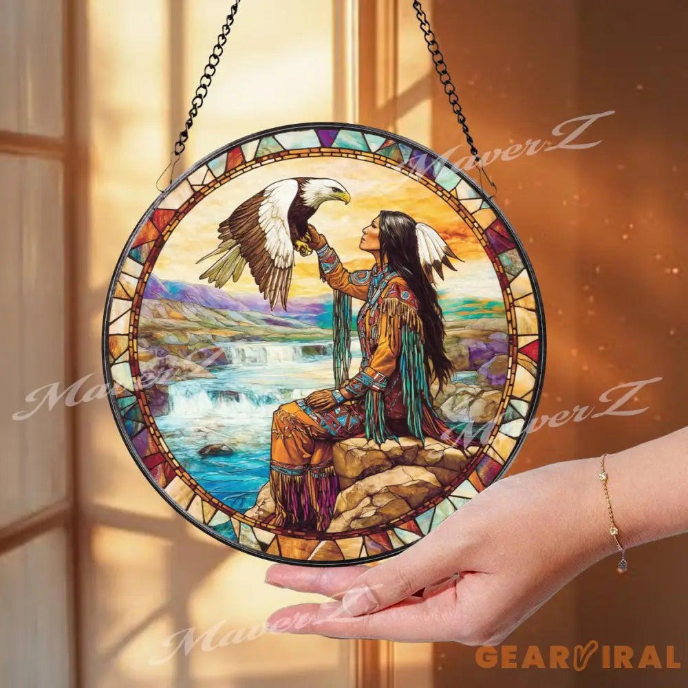 Native American Woman and Eagle Stained Glass Suncatcher Spirit Animal Window Art Cultural Nature Decor Gift for Home