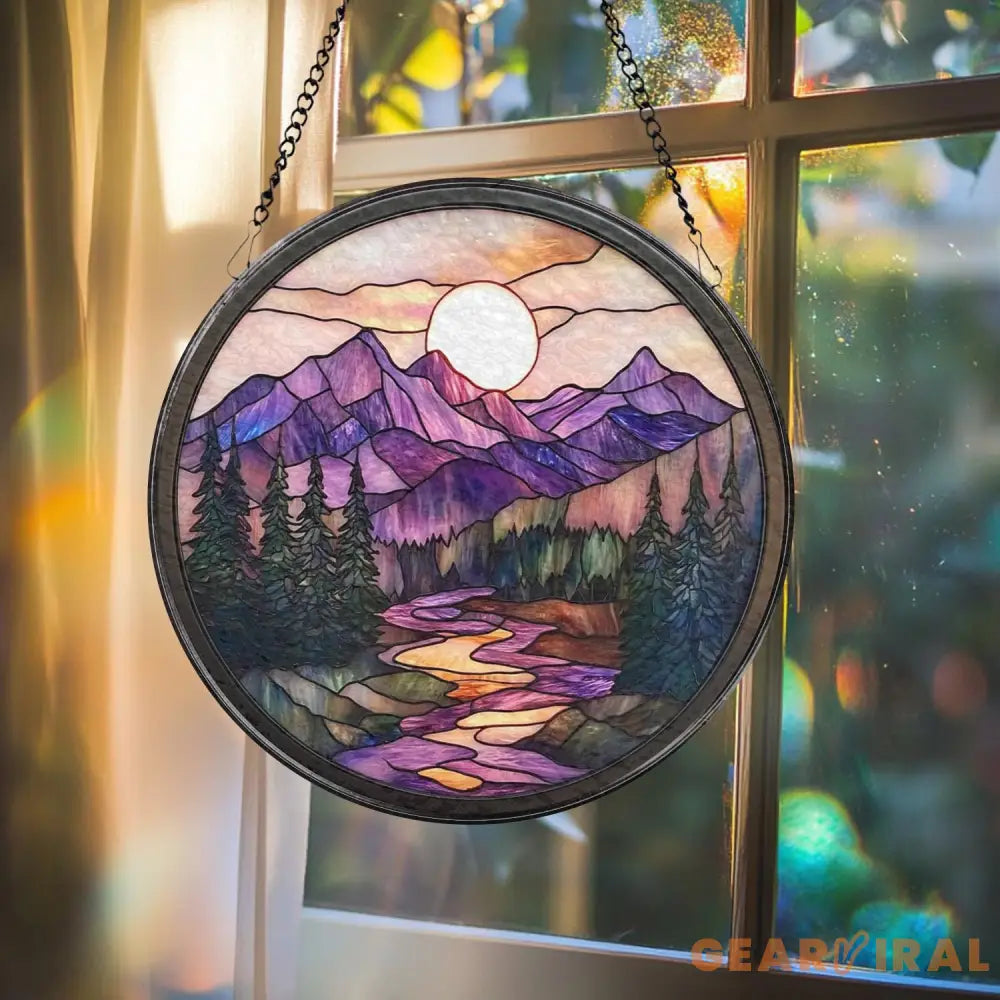 Nature Landscape Glass Suncatcher Mountain Sunset Window Hanging Forest Scene Rustic Home Decor Outdoor-Inspired Gift