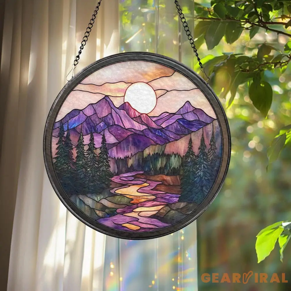 Nature Landscape Glass Suncatcher Mountain Sunset Window Hanging Forest Scene Rustic Home Decor Outdoor-Inspired Gift
