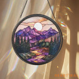 Nature Landscape Glass Suncatcher Mountain Sunset Window Hanging Forest Scene Rustic Home Decor Outdoor-Inspired Gift