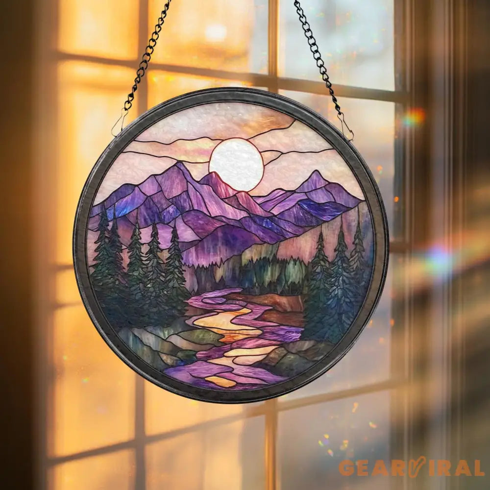 Nature Landscape Glass Suncatcher Mountain Sunset Window Hanging Forest Scene Rustic Home Decor Outdoor-Inspired Gift