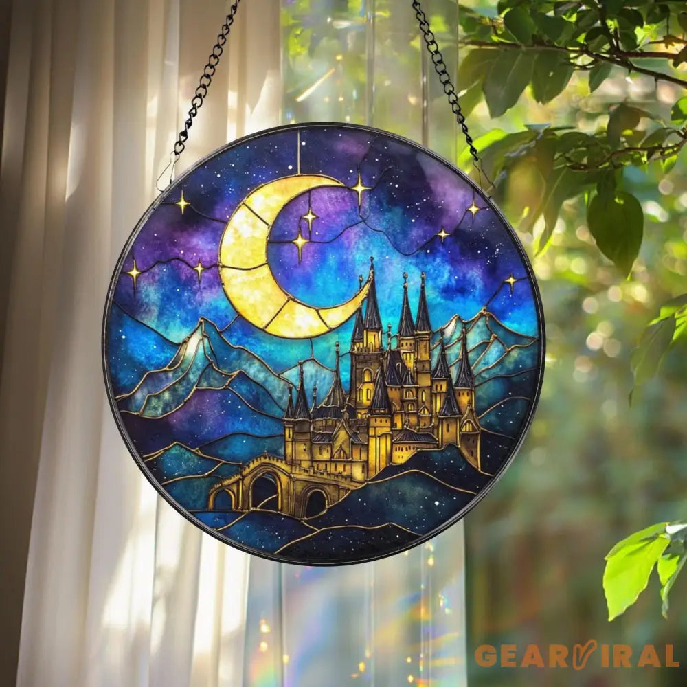 Night Castle Stained Glass Suncatcher Fantasy Moon and Stars Round Panel Enchanted Window Decor for Book Lovers Fairy