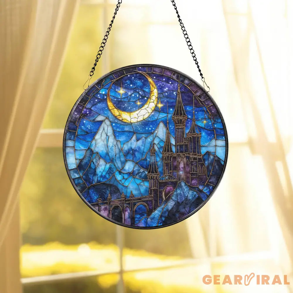 Night Court Stained Glass Suncatcher Fantasy Crescent Moon Castle Panel Starry Sky Glass Art Gift for ACOTAR & Book