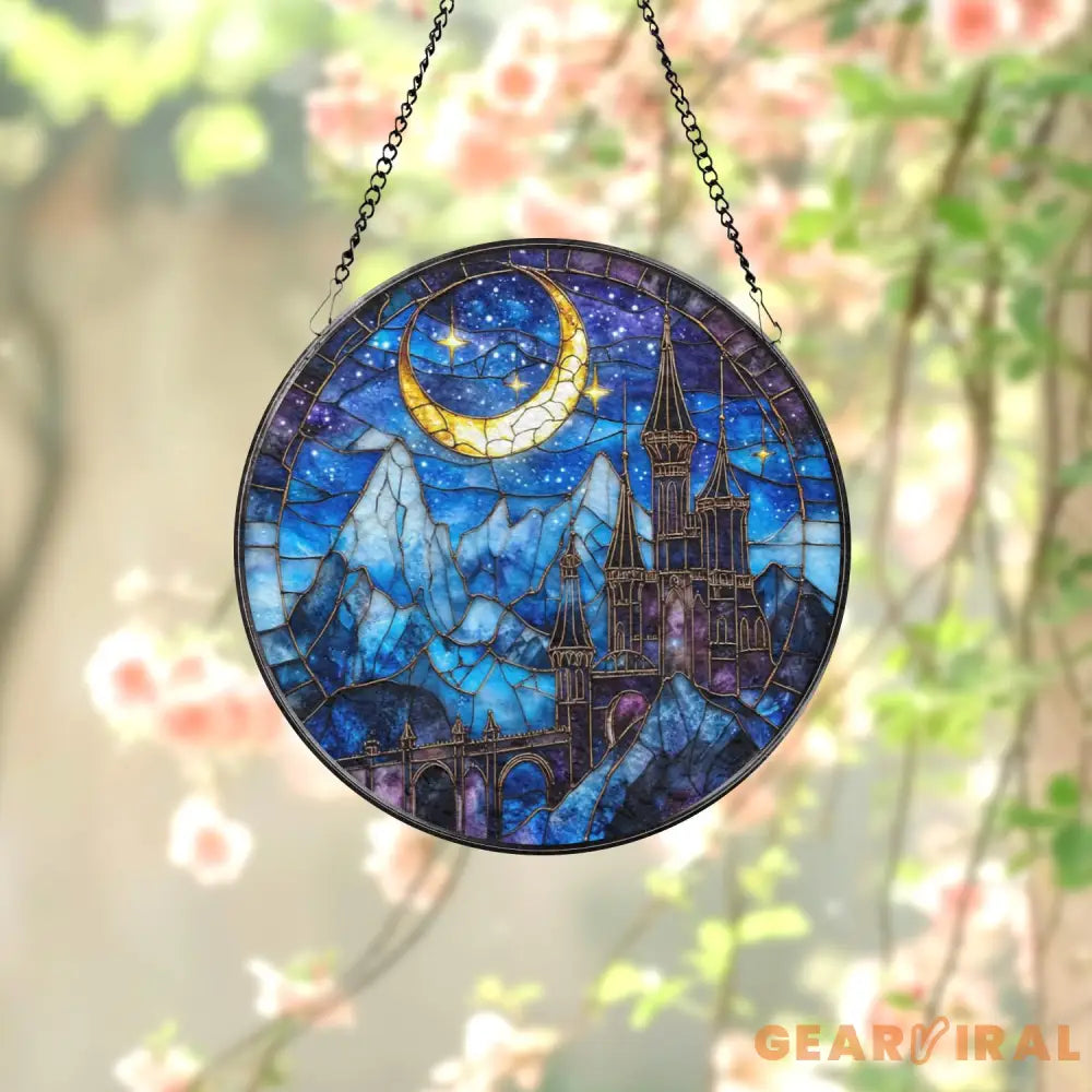 Night Court Stained Glass Suncatcher Fantasy Crescent Moon Castle Panel Starry Sky Glass Art Gift for ACOTAR & Book