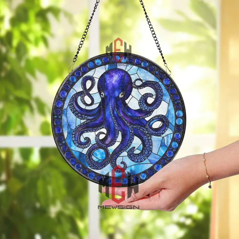 Octopus Stained Glass Suncatcher Nautical Ocean Window Hanging Panel Marine Sea Life Decor Blue Sea Animal Coastal Gift