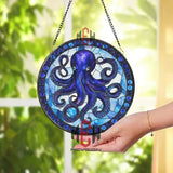 Octopus Stained Glass Suncatcher Nautical Ocean Window Hanging Panel Marine Sea Life Decor Blue Sea Animal Coastal Gift