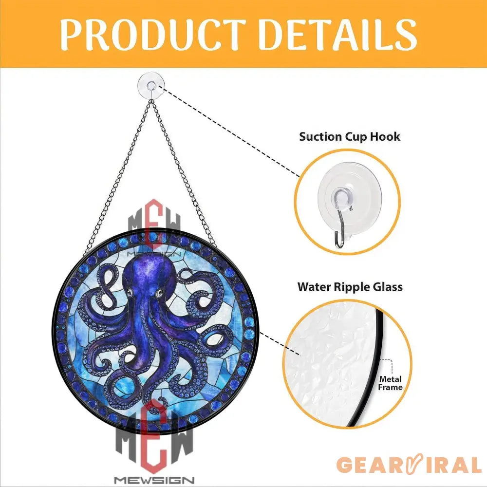 Octopus Stained Glass Suncatcher Nautical Ocean Window Hanging Panel Marine Sea Life Decor Blue Sea Animal Coastal Gift