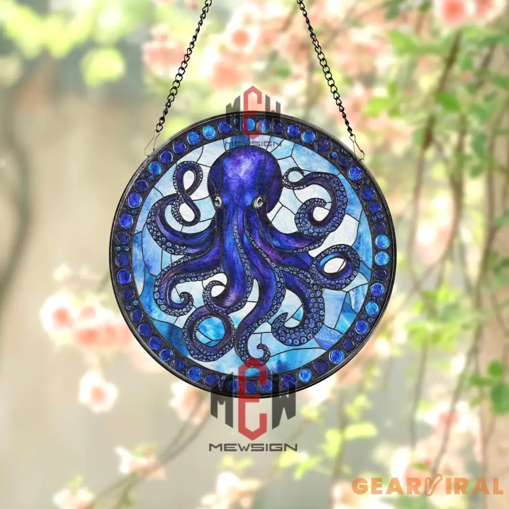 Octopus Stained Glass Suncatcher Nautical Ocean Window Hanging Panel Marine Sea Life Decor Blue Sea Animal Coastal Gift