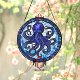 Octopus Stained Glass Suncatcher Nautical Ocean Window Hanging Panel Marine Sea Life Decor Blue Sea Animal Coastal Gift