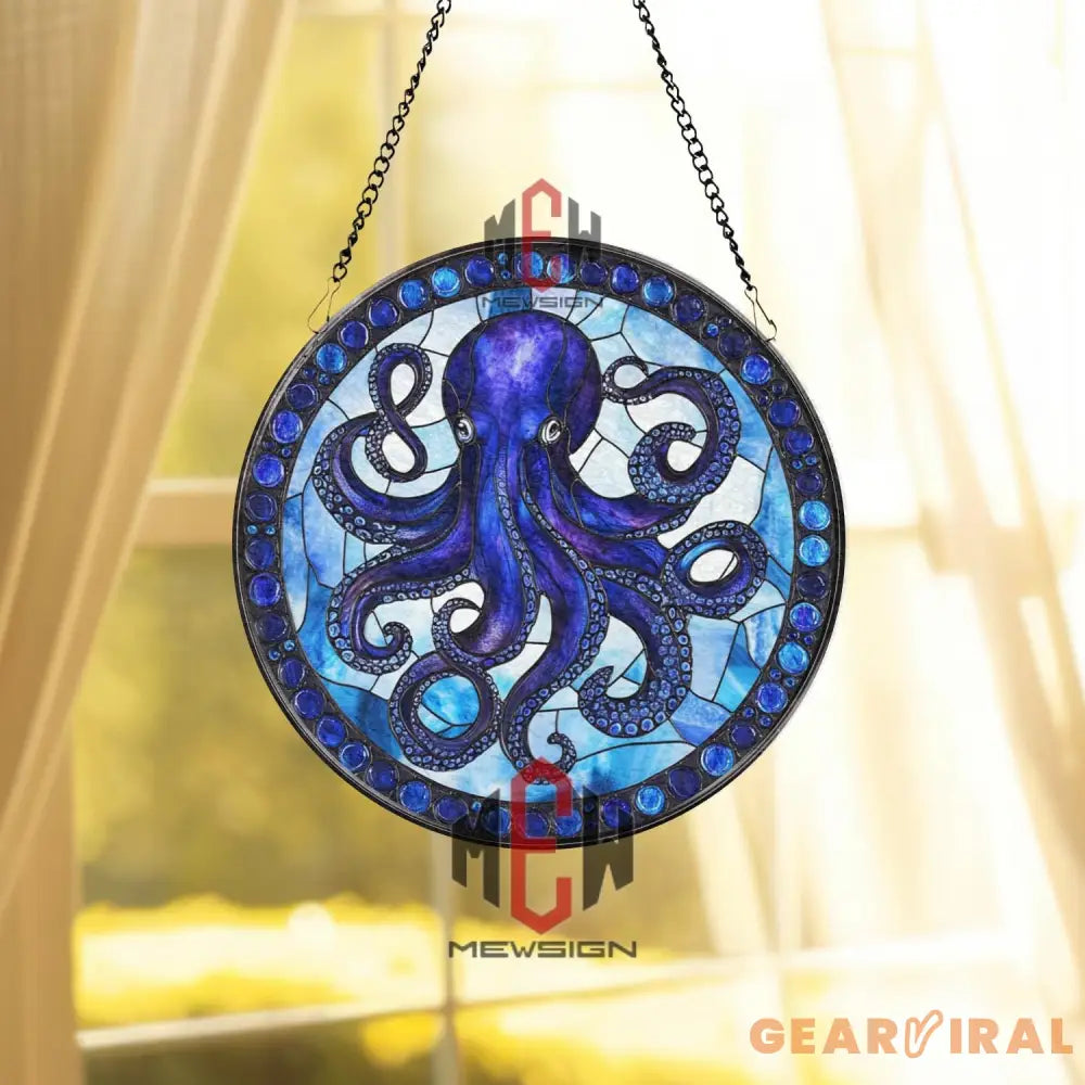 Octopus Stained Glass Suncatcher Nautical Ocean Window Hanging Panel Marine Sea Life Decor Blue Sea Animal Coastal Gift