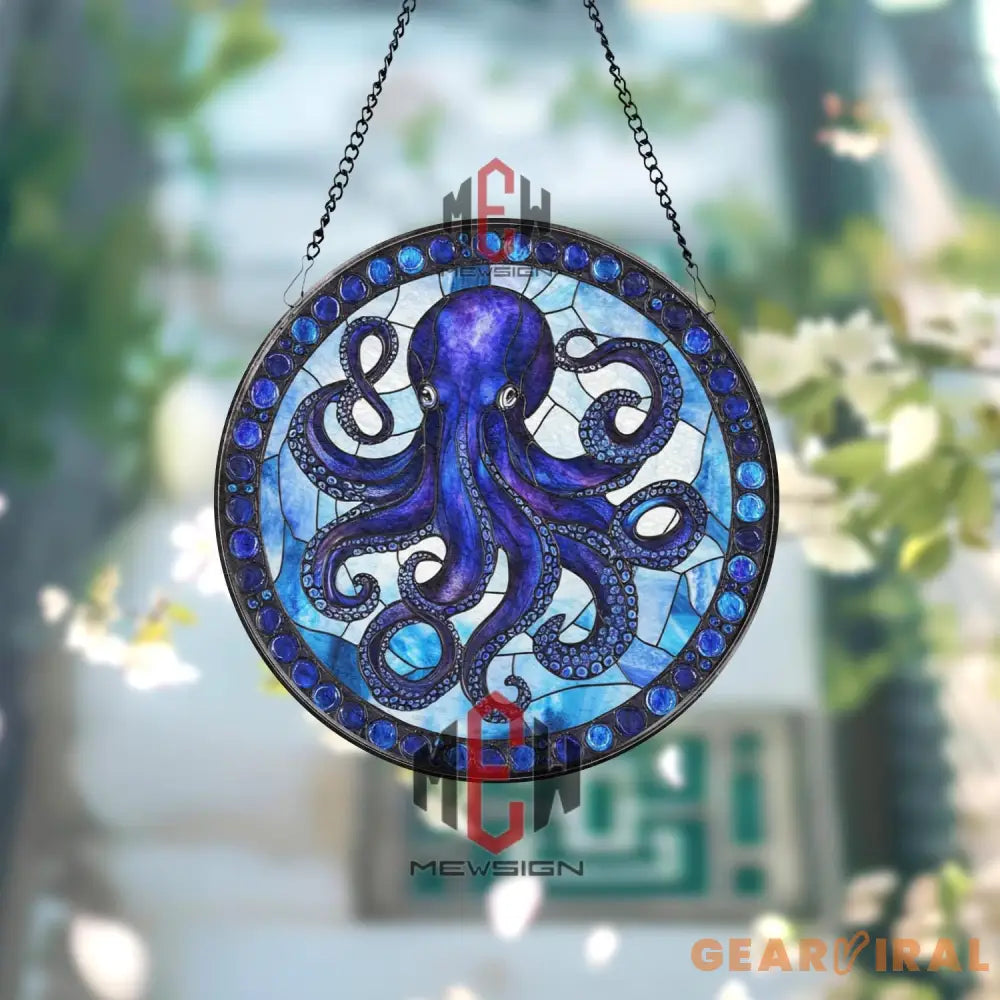 Octopus Stained Glass Suncatcher Nautical Ocean Window Hanging Panel Marine Sea Life Decor Blue Sea Animal Coastal Gift