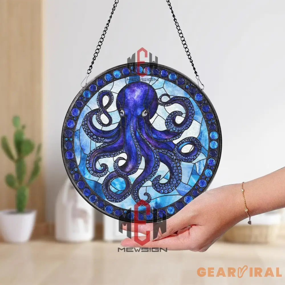 Octopus Stained Glass Suncatcher Nautical Ocean Window Hanging Panel Marine Sea Life Decor Blue Sea Animal Coastal Gift