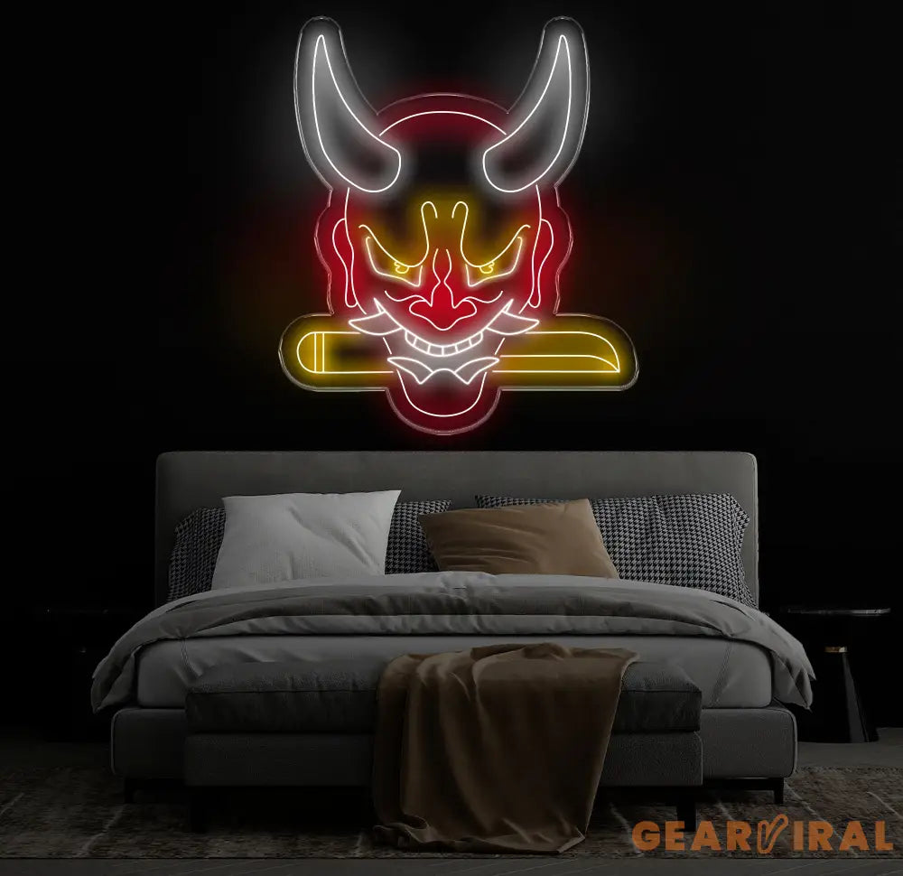 Oni Mask Neon Sign - Japanese Hannya Demon Mask Samurai Wall Art Custom Japanese Neon Decor Hannya Mask LED Light Anime