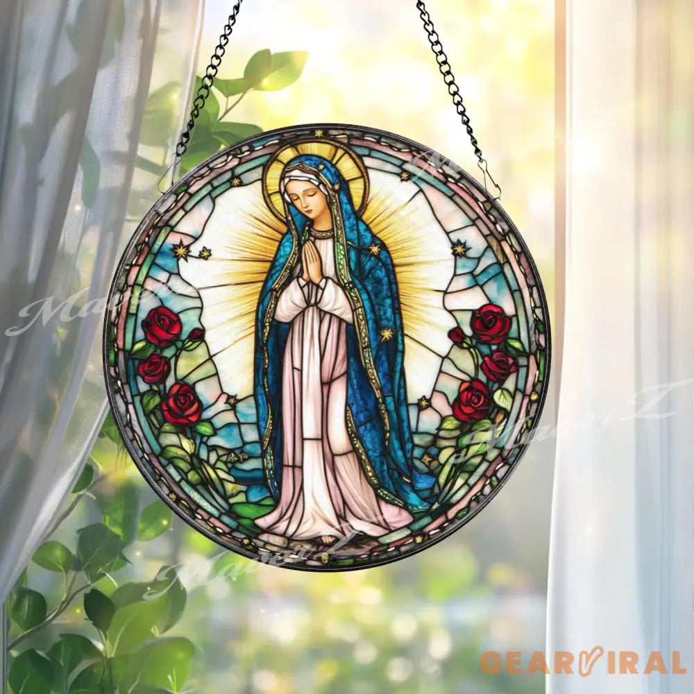 Our Lady of Guadalupe Stained Glass Suncatcher Virgin Mary Window Hanging Catholic Rose Decor Religious Glass Panel