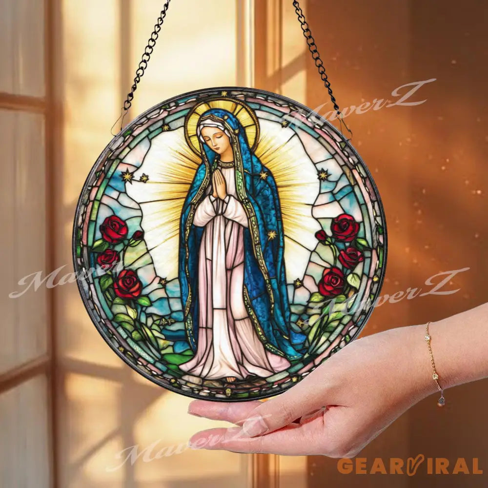 Our Lady of Guadalupe Stained Glass Suncatcher Virgin Mary Window Hanging Catholic Rose Decor Religious Glass Panel