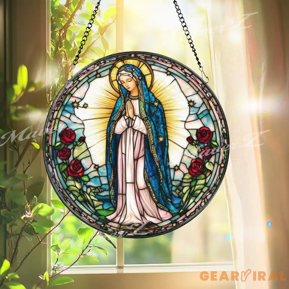Our Lady of Guadalupe Stained Glass Suncatcher Virgin Mary Window Hanging Catholic Rose Decor Religious Glass Panel