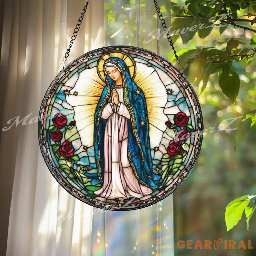 Our Lady of Guadalupe Stained Glass Suncatcher Virgin Mary Window Hanging Catholic Rose Decor Religious Glass Panel