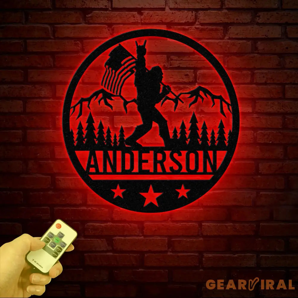 Outdoor Sasquatch with US Flag Led Light Metal Sign - Custom Bigfoot Mountain Yard Art Metal Yeti Decor Personalized