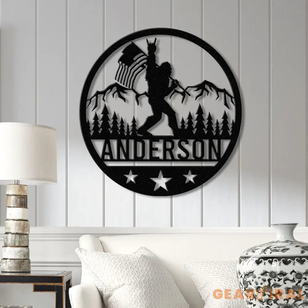 Outdoor Sasquatch with US Flag Led Light Metal Sign - Custom Bigfoot Mountain Yard Art Metal Yeti Decor Personalized