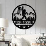 Outdoor Sasquatch with US Flag Led Light Metal Sign - Custom Bigfoot Mountain Yard Art Metal Yeti Decor Personalized