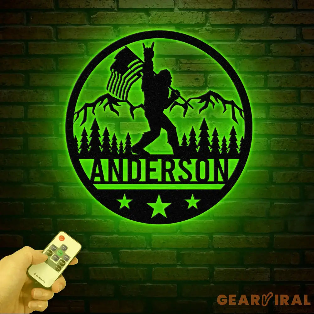 Outdoor Sasquatch with US Flag Led Light Metal Sign - Custom Bigfoot Mountain Yard Art Metal Yeti Decor Personalized