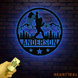 Outdoor Sasquatch with US Flag Led Light Metal Sign - Custom Bigfoot Mountain Yard Art Metal Yeti Decor Personalized