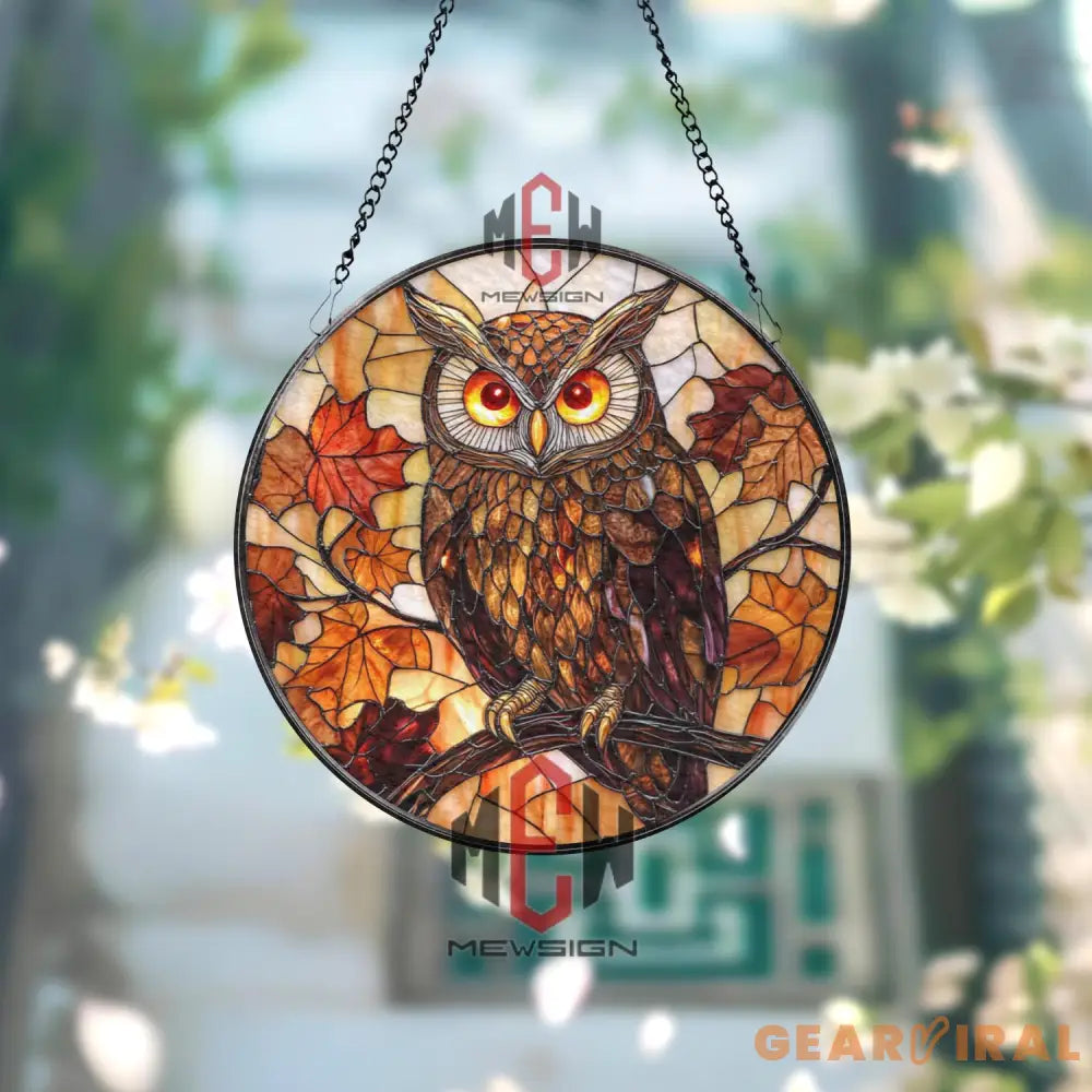 Owl Stained Glass Suncatcher Autumn Leaf Window Panel Fall Decor for Nature Lovers Rustic Woodland Owl Glass Art