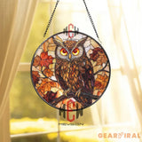 Owl Stained Glass Suncatcher Autumn Leaf Window Panel Fall Decor for Nature Lovers Rustic Woodland Owl Glass Art