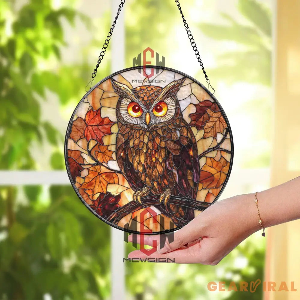 Owl Stained Glass Suncatcher Autumn Leaf Window Panel Fall Decor for Nature Lovers Rustic Woodland Owl Glass Art
