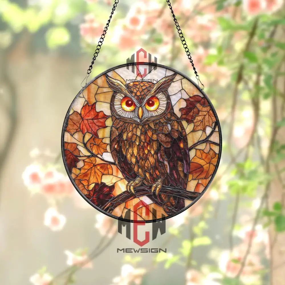 Owl Stained Glass Suncatcher Autumn Leaf Window Panel Fall Decor for Nature Lovers Rustic Woodland Owl Glass Art