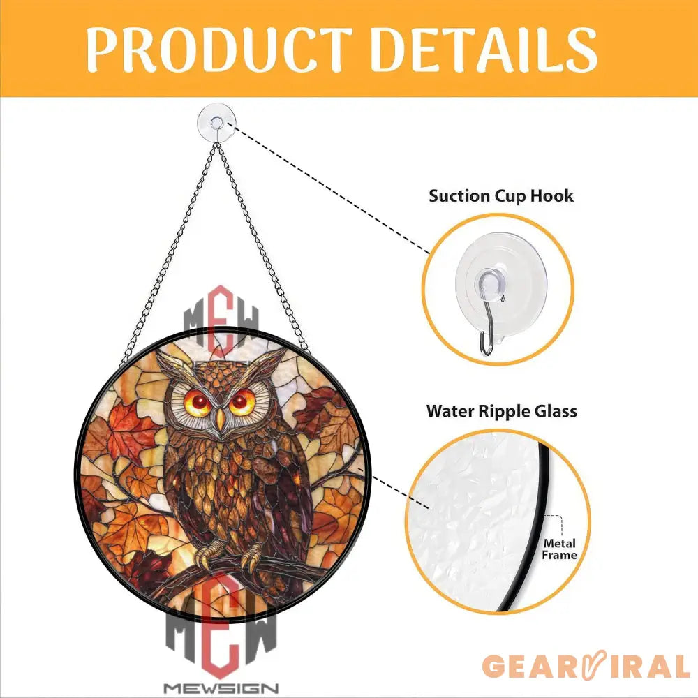 Owl Stained Glass Suncatcher Autumn Leaf Window Panel Fall Decor for Nature Lovers Rustic Woodland Owl Glass Art