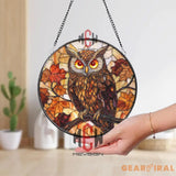 Owl Stained Glass Suncatcher Autumn Leaf Window Panel Fall Decor for Nature Lovers Rustic Woodland Owl Glass Art