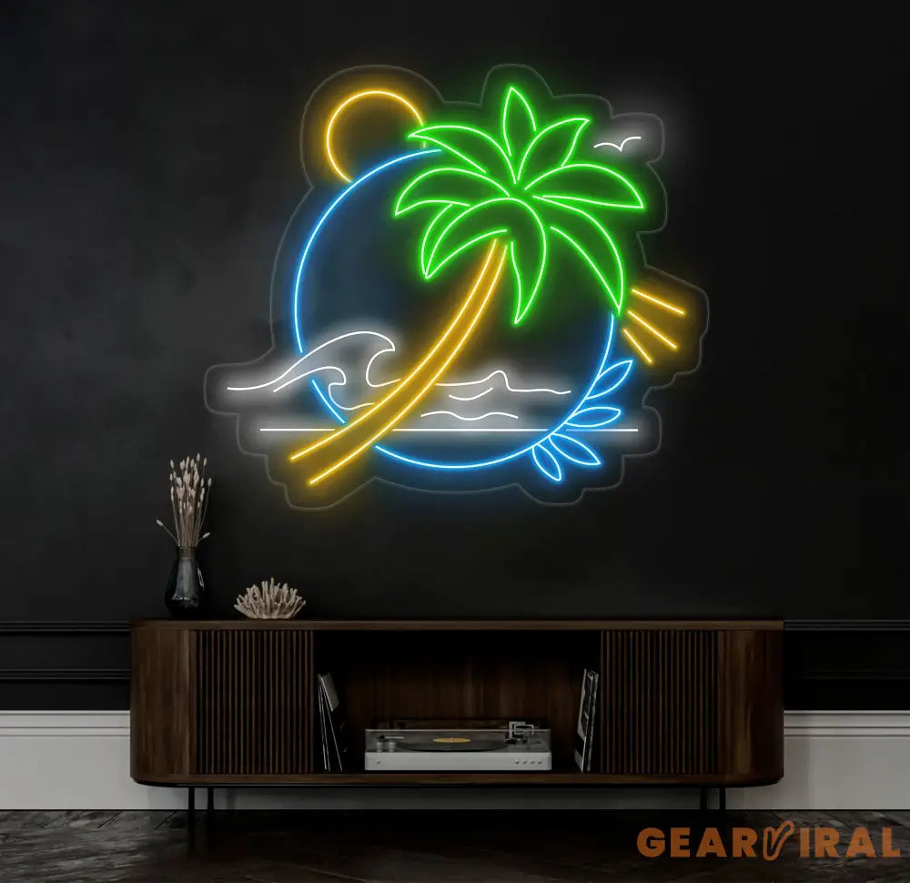 Palm Tree & Wave Neon Wall Art - Custom LED Sign for Kids Room Bedroom Game Room Decor Tropical Neon Light for Wall