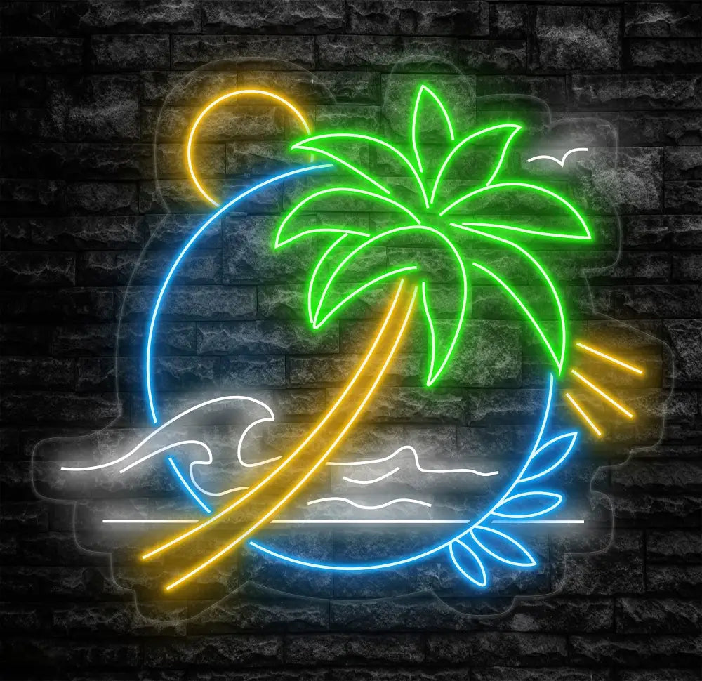 Palm Tree & Wave Neon Wall Art - Custom LED Sign for Kids Room Bedroom Game Room Decor Tropical Neon Light for Wall