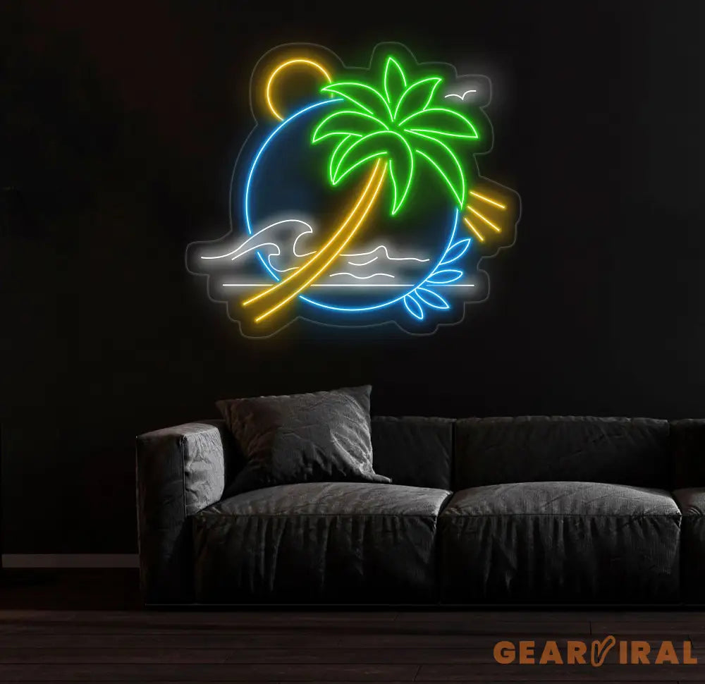 Palm Tree & Wave Neon Wall Art - Custom LED Sign for Kids Room Bedroom Game Room Decor Tropical Neon Light for Wall